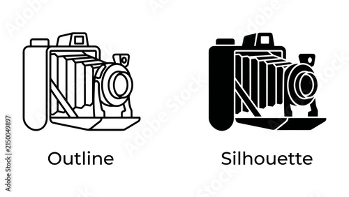 Vintage Camera Icon Set: A classic bellows camera depicted in both outline and silhouette forms, representing vintage photography and historical technology.