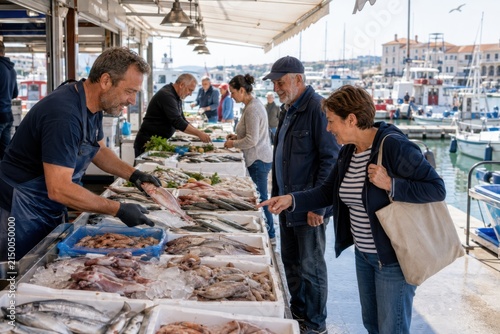 Male fishmonger in apron selling fresh seafood to customers at outdoor fish market by marina with boats and buildings in the background