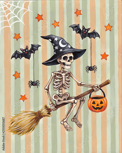 A cartoon illustration of a skeleton witch sitting on a broomstick