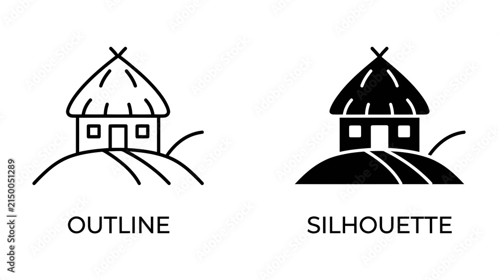 Obraz premium Rural Hut Icon: A simple, rustic hut with a thatched roof and open windows, presented in both outline and silhouette forms, evoking a sense of traditional dwelling and simplicity.