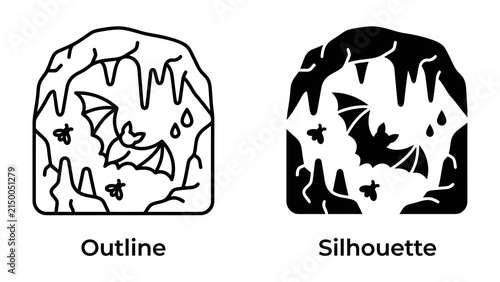 Bild auf Leinwand Cave Dwelling Duo: A stark silhouette and a detailed outline depict a cave's interior, featuring hanging stalactites and a bat mid-flight, accompanied by fluttering insects