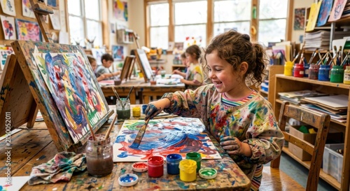 Young Girl Joyfully Painting in Art Class