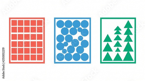 data sorting geometric shapes three frames with red squares blue circles and green triangles representing categorization concept and structural organization in a neat minimal flat graphic illustration