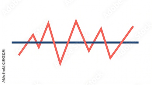line graph fluctuating wave baseline axis and red jagged line intersecting a straight dark blue path in a minimal flat illustration depicting market volatility financial trends and frequency amplitude