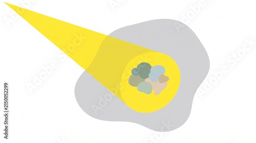 yellow spotlight grey blob colorful pebbles illuminated by a light beam in a minimal flat graphic illustration depicting the discovery of hidden objects finding value and focusing on core target areas
