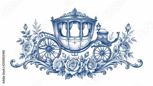 Ornate vintage carriage with floral decoration in blue ink