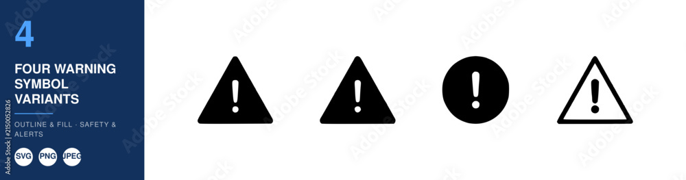 Naklejka premium Four Warning Symbol Variants in Black and Blue Design Layout Featuring Alert, Caution, Triangle with Exclamation and Danger
