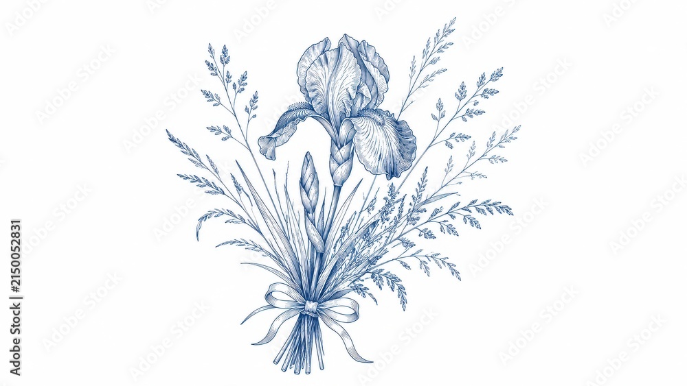 Obraz premium Blue ink drawing of iris flower bouquet with ribbon bow