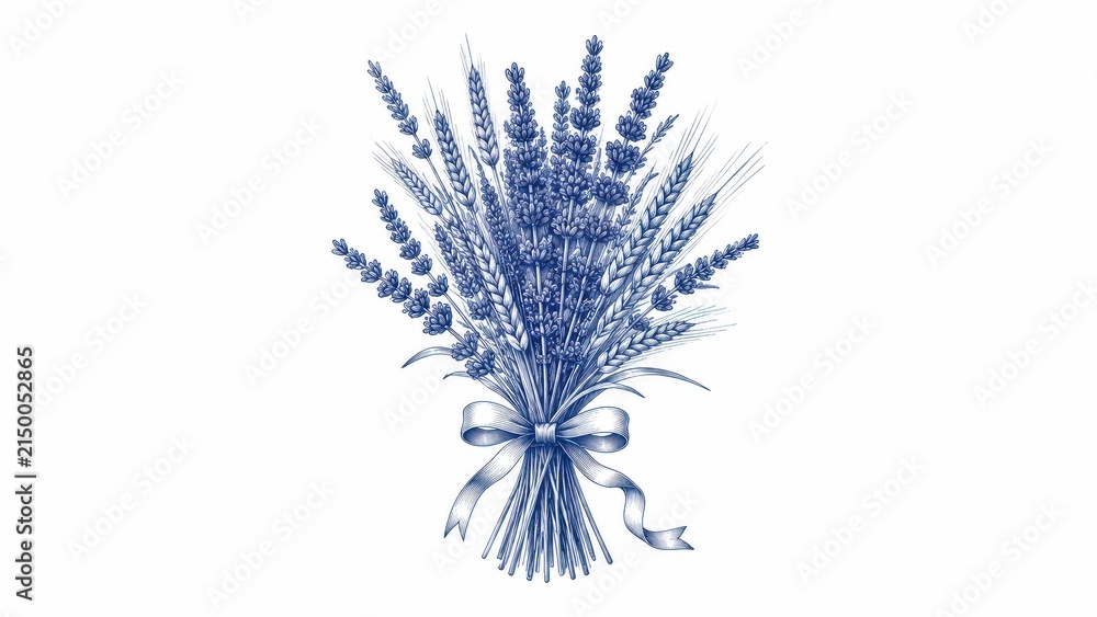 Obraz premium Blue ink bouquet of lavender and wheat tied with ribbon