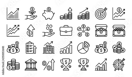 Financial growth and success editable thin line icon set with investment profit revenue savings and wealth