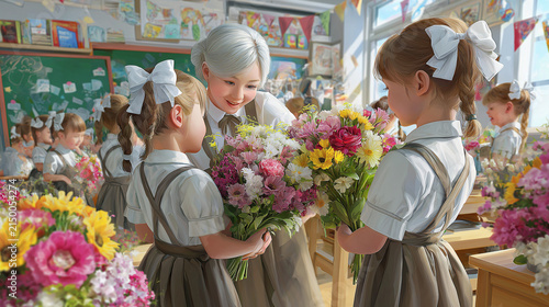 Schoolgirls Presenting Flowers to Their Teacher in a Bright Classroom