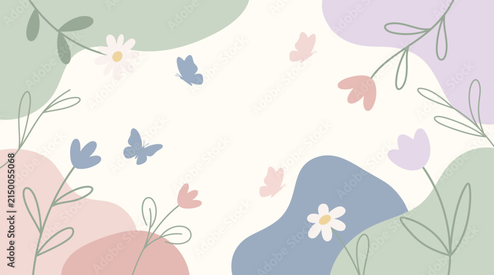 Fototapeta premium Minimalist floral and butterfly illustration with soft pastel organic shapes for background