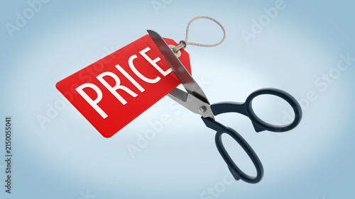 Quadro su tela Scissors cutting price tag isolated on blue background