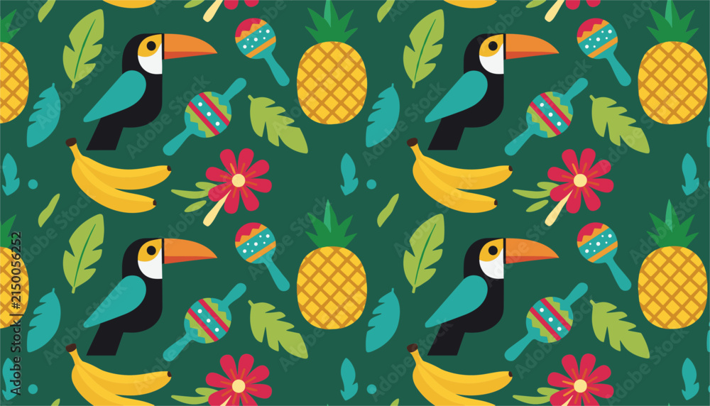 Obraz premium Exotic seamless tropical pattern featuring cute toucan birds, ripe pineapples, yellow bananas, and colorful maracas.