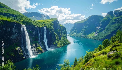 Spectaculaire cascade d'eau cristalline se déversant dans un fjord entouré de falaises rocheuses et de forêts verdoyantes, paysage naturel majestueux et impressionnant