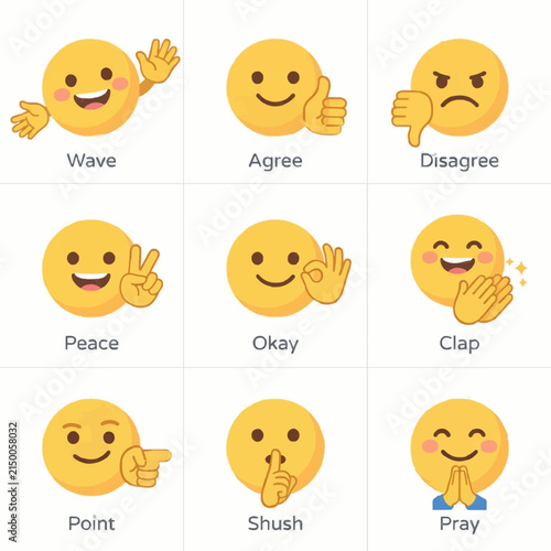 Set of yellow emoji faces with expressions. Collection of flat vector emoticon icons.