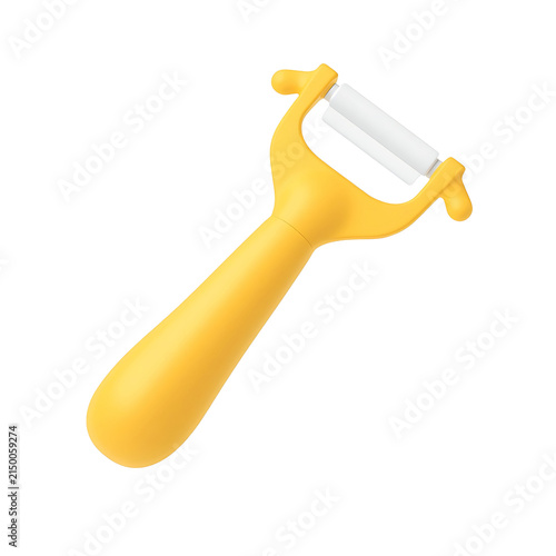 Minimalist yellow vegetable peeler isolated against clean white background for modern kitchen tool product photography with displays single yellow