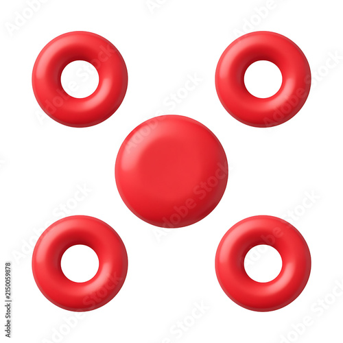Five red geometric shapes arranged in symmetrical pattern isolated on plain white background surface with surrounded four identical displays central solid