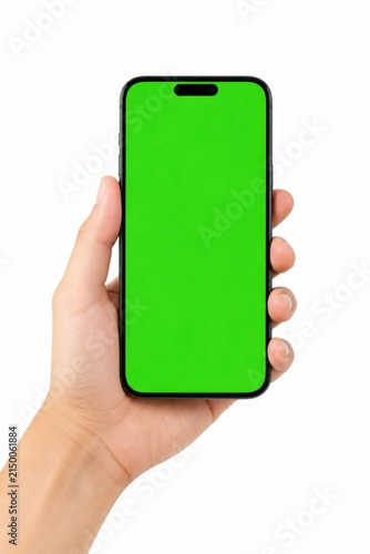 Hand Holding Smartphone with Green Screen Display
