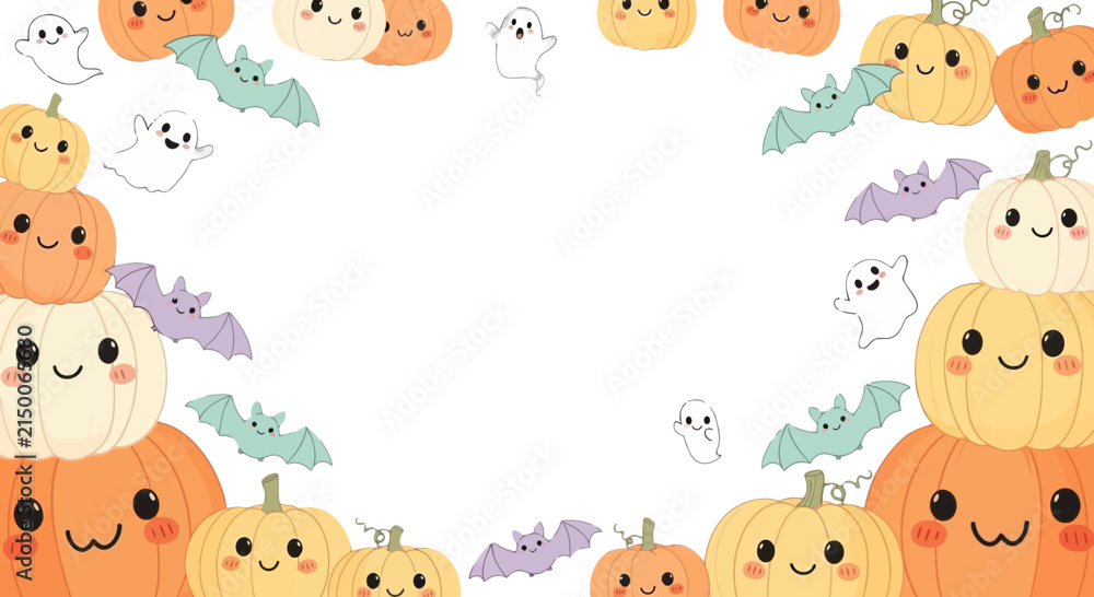 Obraz premium Cute Halloween frame with smiling pumpkins ghosts bats and candy vector illustration