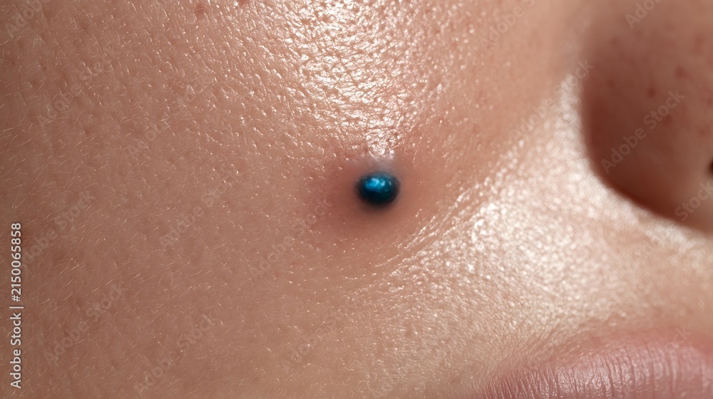 Fototapeta premium Human skin experiencing a dermatological issue, showing a pimple or bump with a blue dot for marking or targeting a specific area for treatment or analysis, highlighting a skin problem