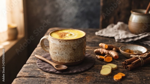 Healthy Golden Milk Turmeric Latte in Ceramic Mug with Fresh Ginger and Cinnamon Sticks