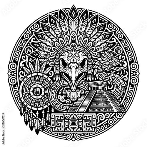 Ancient Mayan Aztec Circle Art: Eagle, Serpent, Pyramid, Sun Stone, Tribal