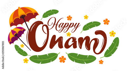Festive Happy Onam greeting design with bold brown lettering, green tropical leaves, colorful flowers, and vibrant traditional umbrellas, isolated on a black background, celebrating Kerala's harvest f