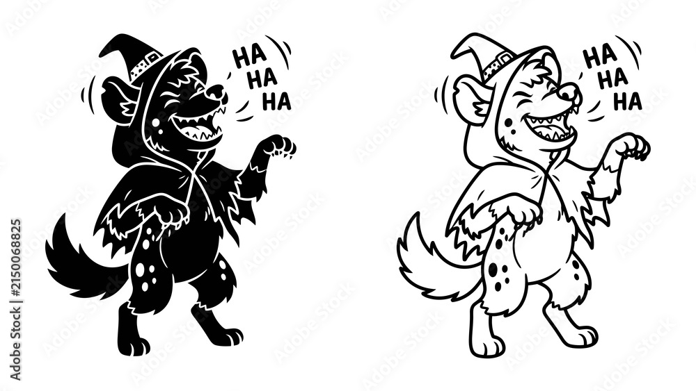 Fototapeta premium Laughing Hyena in Witch Hat: A humorous illustration of a hyena dressed as a witch, with its mouth wide open in laughter and the sound HA HA HA emanating from it.