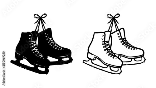 Photography Pair of Ice Skates: A pair of black ice skates and a pair of white ice skates are shown, both hanging from a string tied in a bow