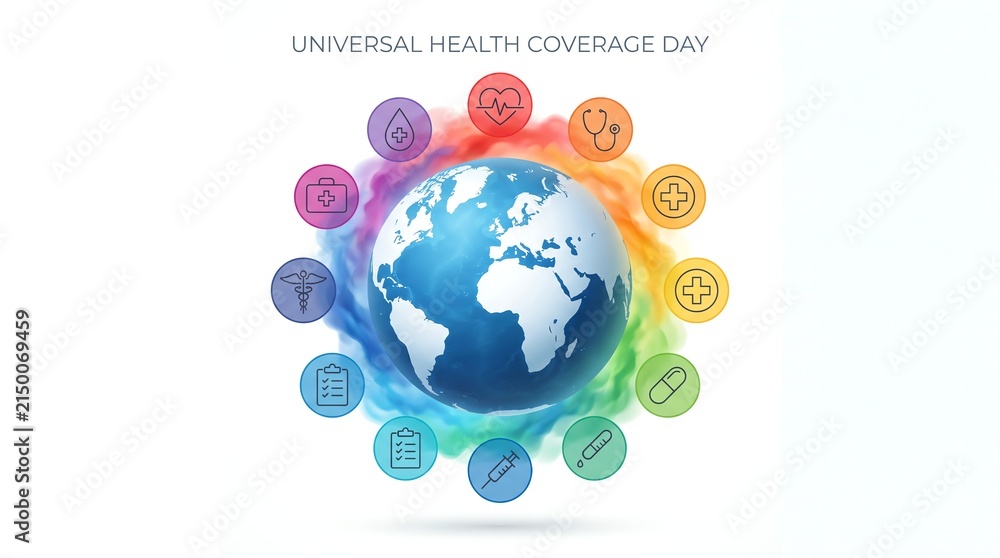 Obraz premium Universal health coverage day globe with medical icons