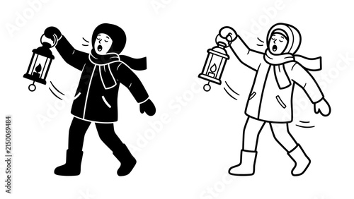 Konstfotografi Child with Lantern: A stylized illustration depicts a child bundled in warm winter clothing, holding a lit lantern aloft and walking through the snow, conveying a sense of wonder and adventure
