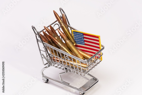 Mini shopping cart filled with rifle cartridges and American flag patch