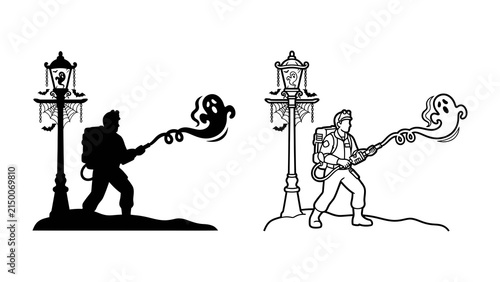 Ghost Buster Illustration: A dynamic illustration depicts a spectral hunter, equipped with a proton pack and ghost-catching device, confronting a mischievous apparition near an old-fashioned lamppost.