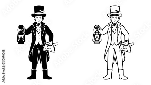 Bild auf Leinwand Victorian Gentleman with Lantern and Scroll: A distinguished gentleman in 19th-century attire, complete with a top hat, tailcoat, and cravat, holds an antique lantern and a rolled scroll