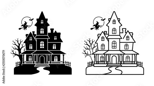 Canvas Print Haunted House Silhouette with Witch: A spooky silhouette of a haunted Victorian mansion under a full moon, with a witch flying past, evoking Halloween night and eerie enchantment