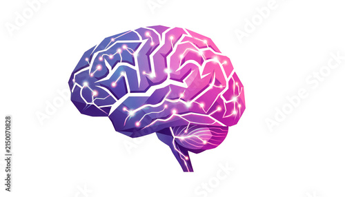 Glowing digital human brain with neural network connections, purple and pink artificial intelligence brain, futuristic cybernetic mind concept