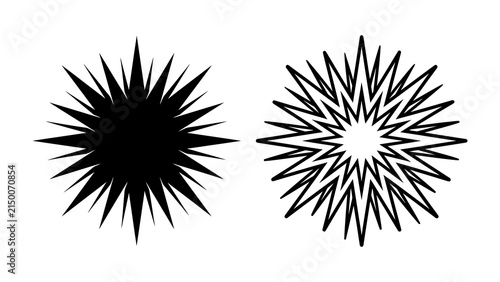 Exploding Star Graphics: Two striking starburst shapes, one solid black and the other an outline, radiate energy and dynamism, perfect for graphic design and visual impact.
