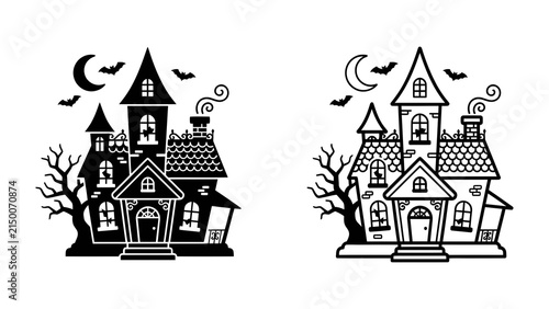 Photography Spooky Mansion Duo: Two eerie haunted mansions stand silhouetted against a crescent moon, with bats fluttering in the night sky, embodying the spirit of Halloween and mystery