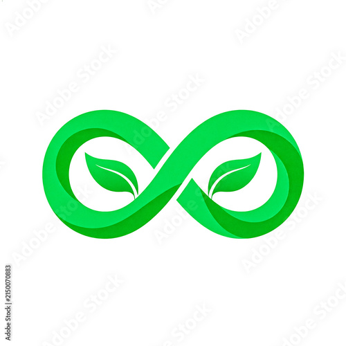 Green infinity symbol with leaves, sustainable circular economy icon, eco-friendly loop for environmental conservation branding