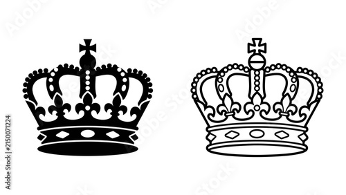 Quadro su tela Royal Crowns: A striking black silhouette crown and an intricate line art crown stand side-by-side, symbolizing royalty, power, and prestige
