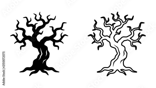 Ancient Twisted Tree: A stark illustration of a gnarled, ancient tree with bare, twisted branches, presented in both a solid black silhouette and an outline style.