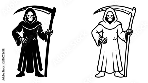 Quadro su tela Grim Reaper Silhouette: A stylized depiction of the Grim Reaper, a hooded figure with a scythe, rendered in both solid silhouette and outline form, symbolizing death and mortality