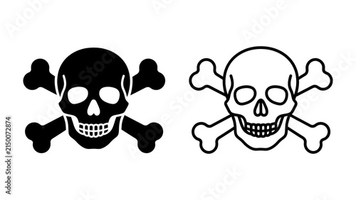 Skull and Crossbones Icon: A classic symbol of danger or poison, featuring a skull with two crossed bones, presented in both black and white silhouettes.