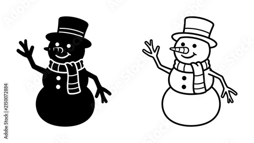 Two Snowmen, One Silhouette: A cheerful snowman with a hat and scarf is depicted alongside its black silhouette, waving hello. Perfect for holiday designs or winter themes.