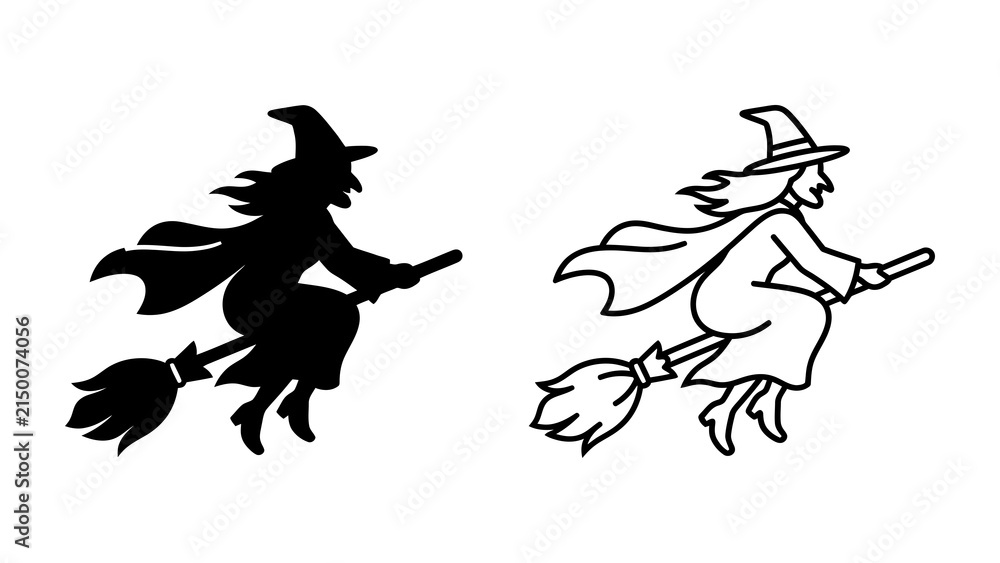 Fototapeta premium Witch Silhouette and Outline: A classic witch silhouette and an outline drawing depict a witch flying on a broomstick, perfect for Halloween or fantasy themes.