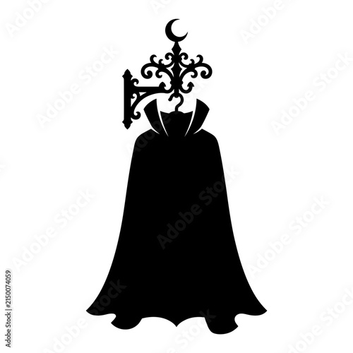 Foto Gothic vampire cape on ornate metal coat rack with crescent moon, black silhouette vector illustration