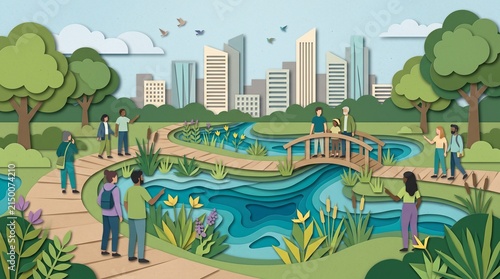 An engaging environmental scene illustrating an urban wetland and rain garden designed for flood resilience within a city park. Fictional characters interact peacefully with the water features