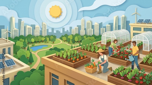 A heartwarming visualization of community-driven food security, featuring an expansive rooftop garden elevated above a lush city park. Fictional urban farmers and families are depicted cheerfully