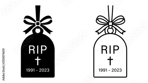 Foto Tombstone Memorial Icon: Two tombstone-shaped icons, one black and one outline, both featuring RIP and dates, adorned with a ribbon and bow, symbolizing remembrance and loss